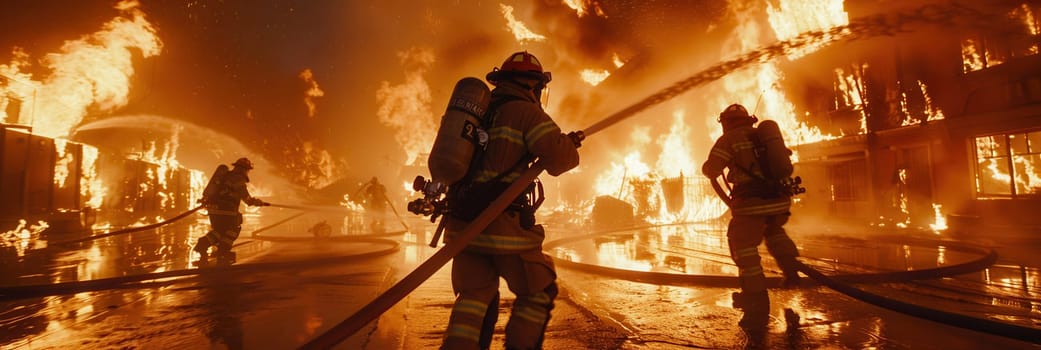 Firefighters work tirelessly to extinguish a massive fire consuming a multi-story building surrounded by flames and smoke in a hazardous urban environment.