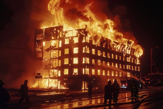 Firefighters combat a fierce blaze engulfing a multi-story building while nearby structures catch fire under the night sky.