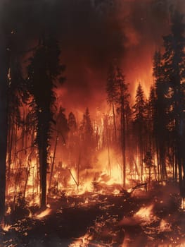 A raging fire engulfs a forest, consuming trees, creating thick smoke, and scattering ash as the blaze intensifies in the background.