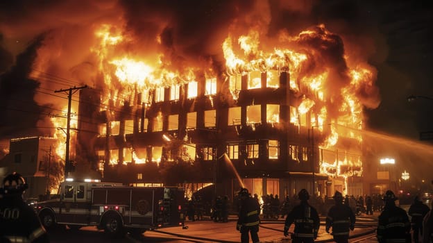 Firefighters use hoses to combat a raging fire in a multi-story building surrounded by flames and smoke, with nearby structures also at risk.