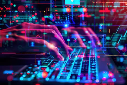 Hacker's hands move swiftly over a keyboard with digital symbols and code overlaying the workspace, creating an atmosphere of high-tech activity.