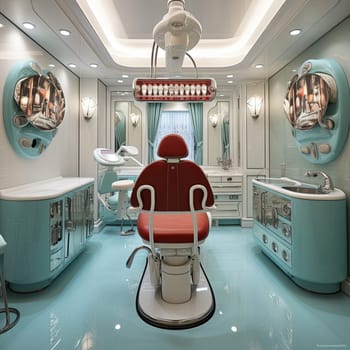 Retro-style dentist office with mint green floor, blue and white tile walls, large window, multiple dental chairs. Modern, clean space with calming vibe for patients.