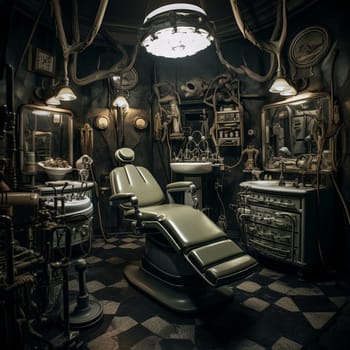 The office features industrial pipes on the walls, black and white tile flooring, a large window, and a corner sink. The green leather chair with a metal frame stands out in this distinctive setting.