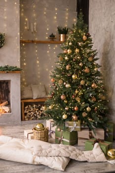 Home New Year's interior. Christmas tree with gifts, decorated with garlands. Cozy atmosphere of a home holiday, loft design of the room, Scandinavian style