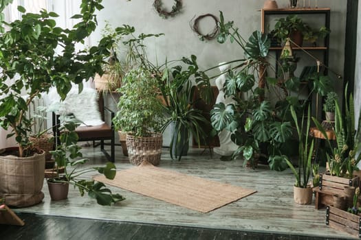 A fragment of the interior with a variety of indoor plants and plaster sculptures. Urban jungle concept. Biophilia design.