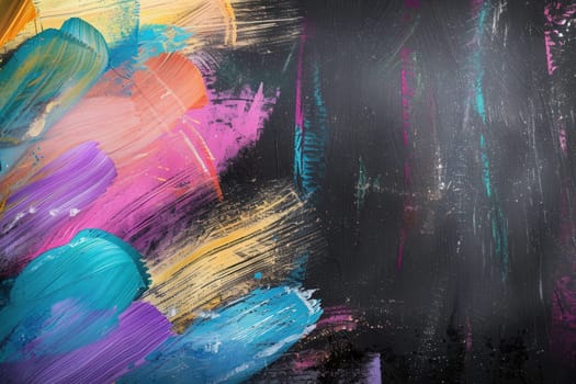 A dark green chalkboard is filled with vibrant brushstrokes in various colors, showcasing creativity and artistic expression in a classroom environment.