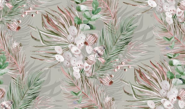 Botanical watercolor seamless pattern with bouquets of palm leaves and dry herbs for textile