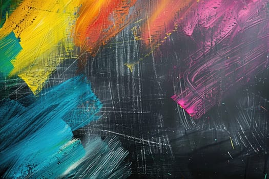 A dark green chalkboard displays vibrant brushstrokes in various colors, showcasing artistic expression and creativity in a vibrant learning environment.
