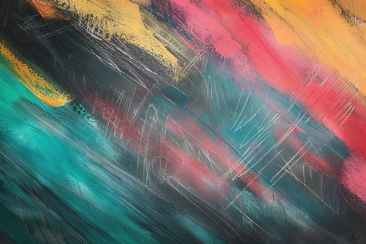 Vibrant brushstrokes of red, yellow, blue, and green dance across a dark green chalkboard, showcasing creativity in a lively classroom atmosphere.