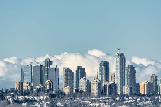 Cityscape of Metrotown on winter season. City in foggy winter morning. Vancouver, Canada