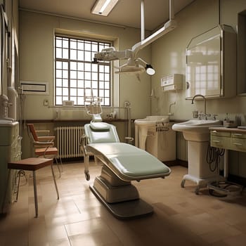 The image depicts a well-preserved vintage dentist chair in a quaint dental office setting. The light green chair exudes a retro charm against the backdrop of a window.
