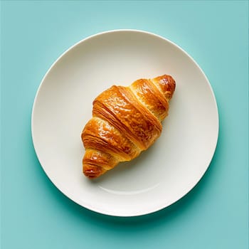 Fresh crispy delicious croissant lies on white plate on blue background.