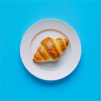 Fresh crispy delicious croissant lies on white plate on blue background.