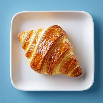 Fresh crispy delicious croissant lies on white plate on blue background.