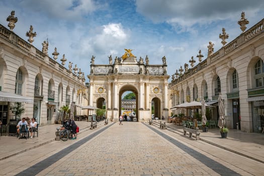 Nancy,france,04-06-2024:the arc here, This is a triumphal arch 60 meters wide and 15 meters high. One side aims to portray peace and the other side depicts war.