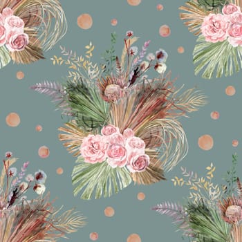 Watercolor vintage seamless pattern with a herbarium of white rose flowers and tropical palm leaves for summer textiles of women is dresses and clothes in natural shades