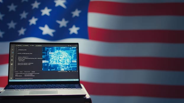 AI software on laptop used by American domestic security services to prevent terrorism. Artificial intelligence technology enhancing Patriot Act surveillance procedures against USA enemies, camera B