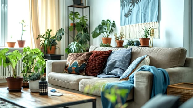 A cozy living room filled with various indoor plants, featuring a beige couch adorned with colorful cushions. Sunlight streams through the window, highlighting the serene atmosphere.