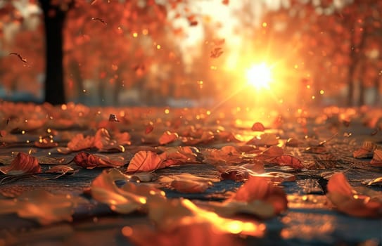 Fall forest under the shining rays of the sun on a blurred background .Natural evening sunset wallpaper. Wallpaper for social networks. Space for text. Generated by AI