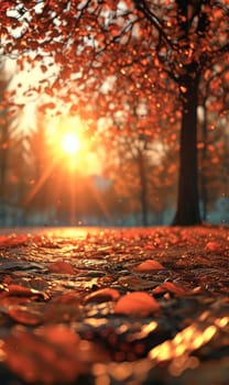 Natural evening sunset background.Fall forest under the shining rays of the sun on a blurred background . Wallpaper for social networks. Space for text. Generated by AI