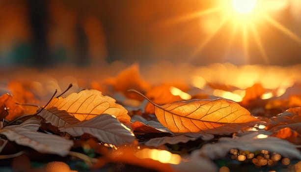 Golden yellow leaves under the rays of the sun on a natural sunset background. Wallpaper. Wallpaper for social networks. Space for text. Generated by AI