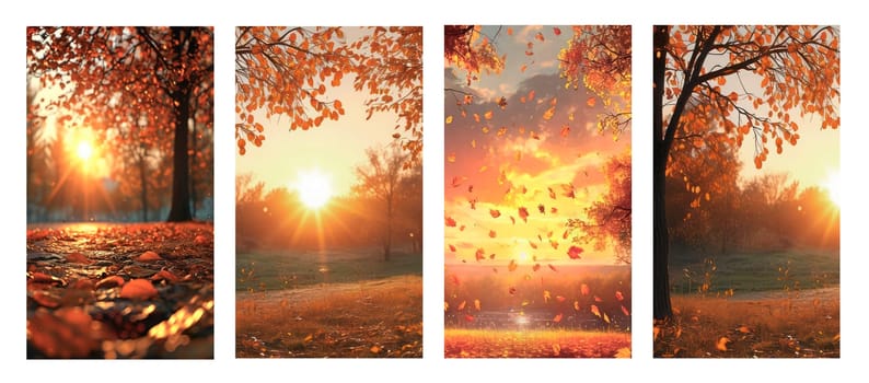 Natural evening sunset background.Fall forest in blurred background . Wallpaper for social networks. Space for text. Generated by AI