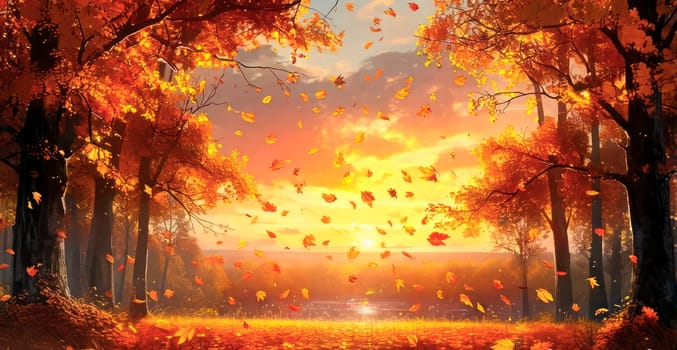 Autumn landscape in a golden sunset.Natural evening sunset wallpaper. Wallpaper for social networks. Space for text. Generated by AI