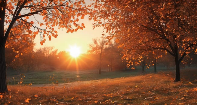 Sunset at fall season. Wallpaper. Wallpaper for social networks. Space for text. Generated by AI
