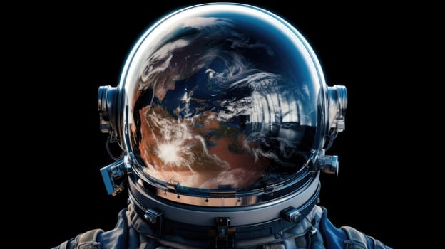 Astronaut helmet with the reflection of the planet Earth and stars in the visor.