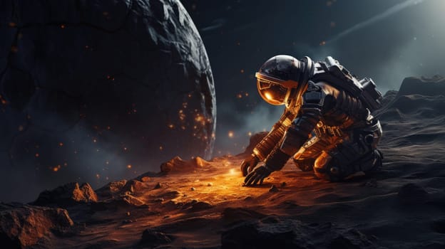 Astronaut on a Rocky Moon Base Looking up at a Large Red Planet in the Sky.