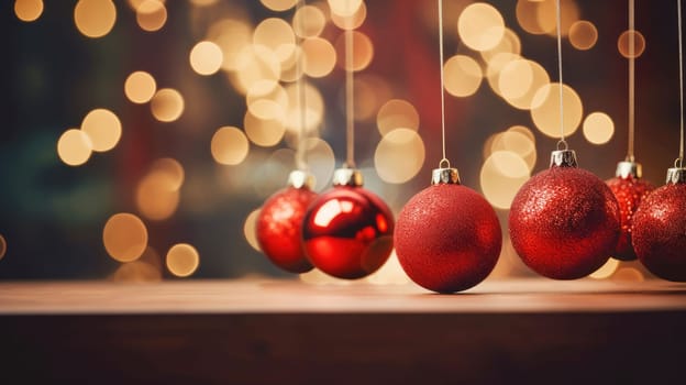 Festive ornaments with golden bokeh on background. Christmas celebration holiday background banner. Christmas baubles