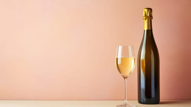 champagne glass with golden champagne on a pink background. Mockup design.