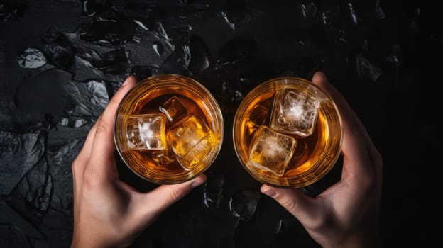 Celebration with Cheers Two Hands Clinking Glasses of Whiskey in Luxurious Setting.
