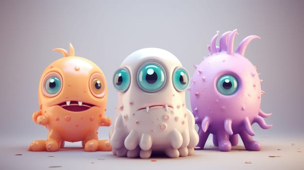 Three cute and colorful cartoon monsters with big eyes, perfect for kids storybooks.