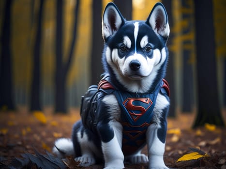 Cute husky puppy wearing superhero costume autumn forest on background. Halloween costume. Dog vacation relax concept. Generative Ai