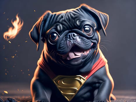 Cute funny pug puppy wearing super hero costume on grey background. Halloween costume. Generative Ai
