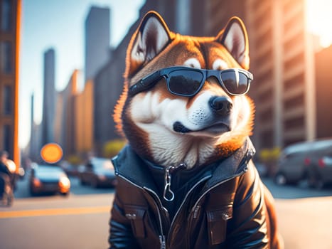 Cute dog husky breed wearing leather jacket and sunglasses city on background. Dog vacation relax concept. Generative Ai