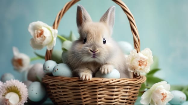 A fluffy white rabbit with long ears in a basket surrounded by Easter eggs on a blue background. Curious expression, vibrant colors. Ideal for Easter or spring projects.