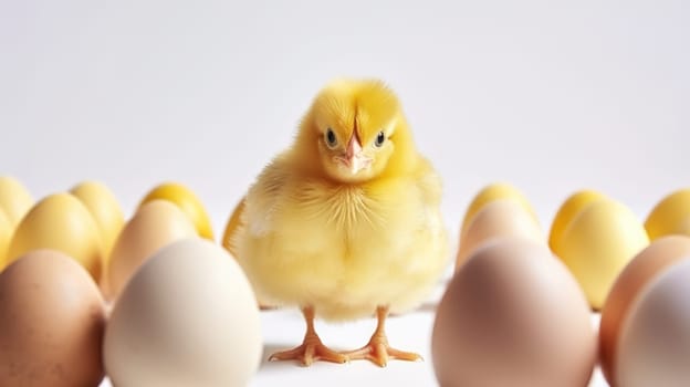 Fluffy yellow baby chick standing in front of yellow eggs. Fresh farm eggs. Chicken farm