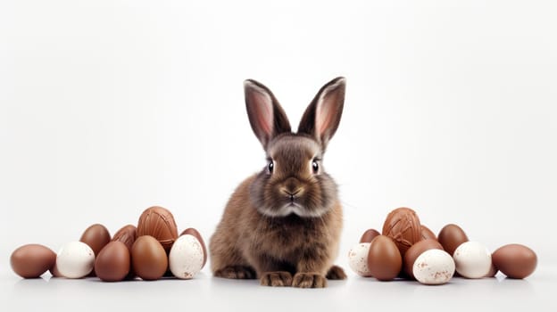 Adorable small brown rabbit behind pile of speckled chocolate Easter eggs. Cute bunny with colorful eggs, festive spring decoration capturing essence of Easter holiday.