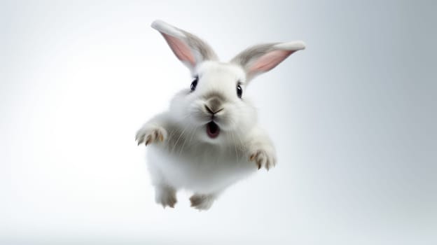 Surprised Funny Cute Bunny with Big Eyes on Light Background, Cute Animal Portrait.