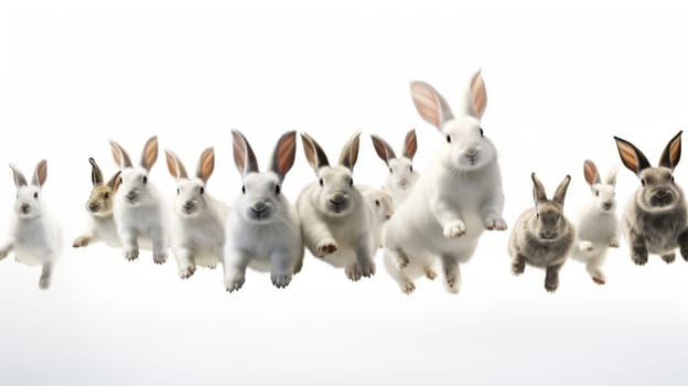 Adorable fluffy rabbits with perky ears hopping on white background.