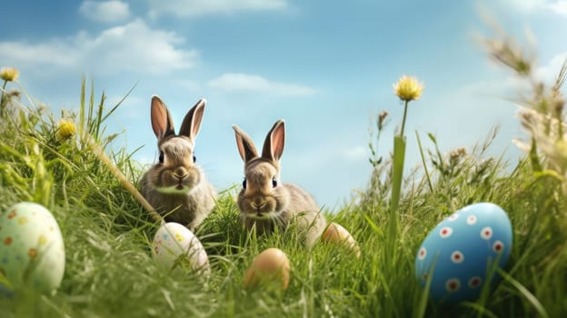 Cute bunnies sitting on the green grass with colorful Easter eggs under clear blue sky on sunny spring day. Easter egg hunt.