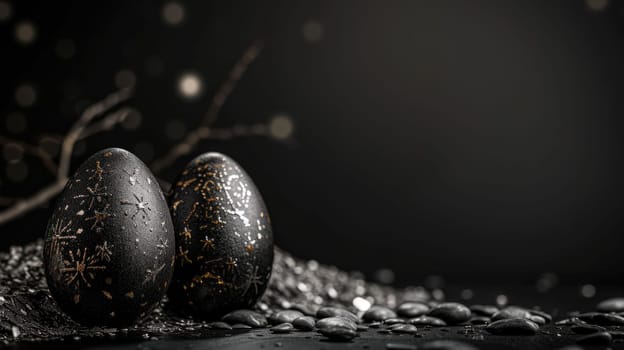 Silver metallic and black Easter Eggs on dark Background. Happy Easter eggs.