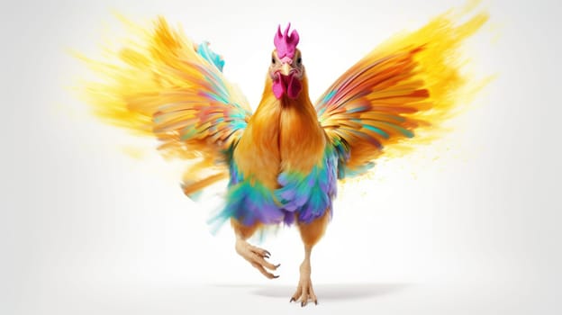 Vibrant chicken flying with colorful rainbow feathers in the sky on bright background.