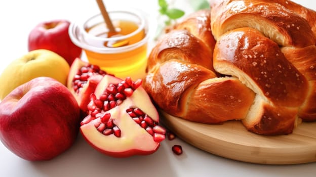 Freshly baked Challah bread, apples and pomegranate on white table for the celebration of Jewish New Year Rosh Hashanah.