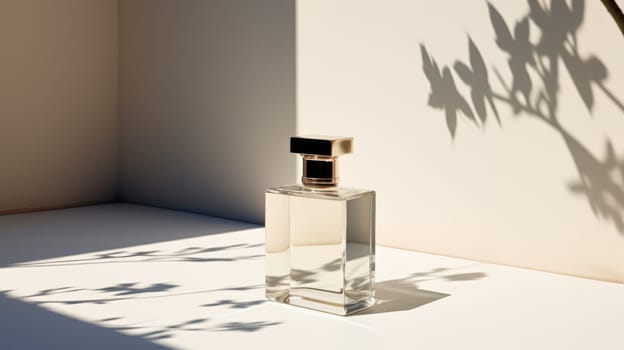 Transparent white glass perfume bottle mockup on pedestal with minimalist background. Eau de toilette. Mockup, spring flat lay