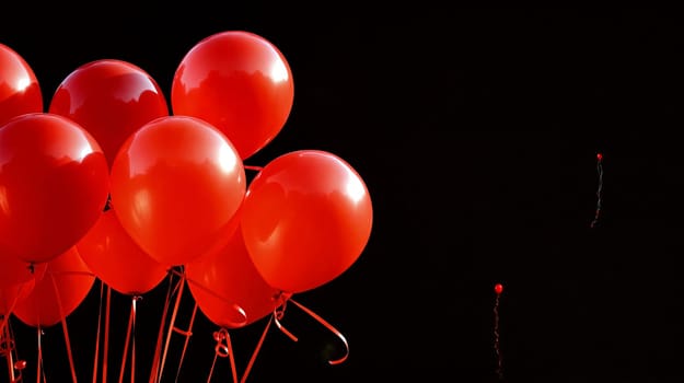 A bunch of red balloons are held together with red strings and float against a black backdrop. Some balloons have already been released and are floating away - Generative AI