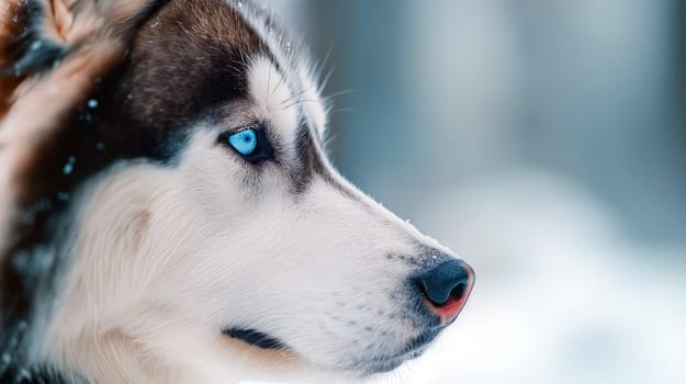 close-up portrait of a Siberian husky with piercing blue eyes, captured against a snowy winter backdrop. The dog's gaze is sharp, reflecting the beauty and harshness of the environment - Generative AI