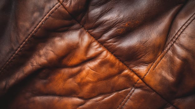 A close-up of brown leather with stitching and wrinkles - Generative AI